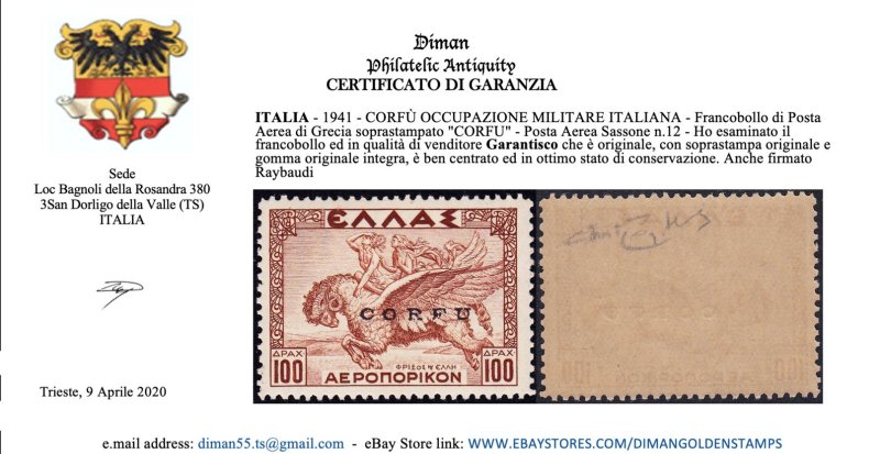 ITALY - CORFU italian occ. - Sass. n.A12 cv 6000$ Signed RAYBAUDI +certif. MNH**