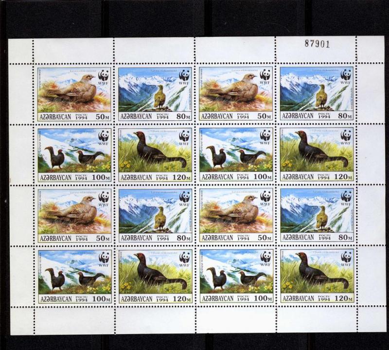 Azerbaijan 1994 WWF Black Grouse Sheet 2 x 8v Perforated mnh.vf