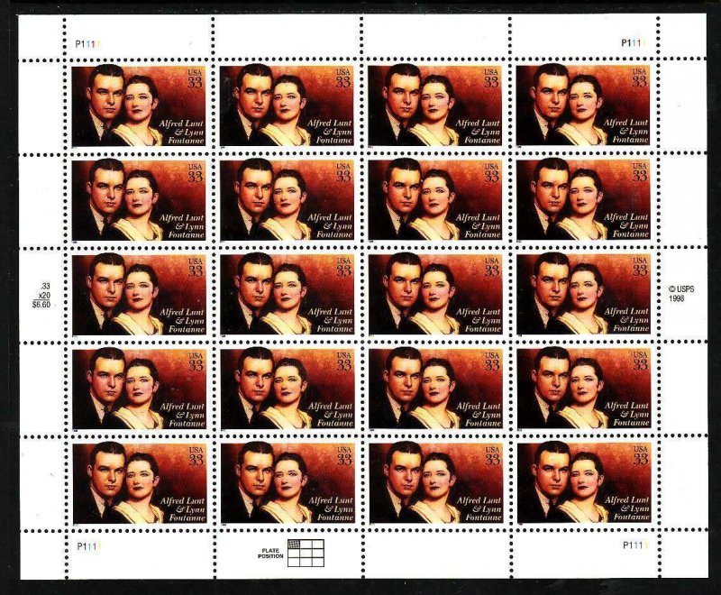 USA-Sc#3287- id12-unused NH sheet-Performing Arts-Lunt & Fontanne-1999-