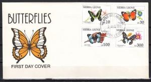 Sierra Leone, Scott cat. 1397-8, 1402-3. Butterflies Part 1. First day cover.