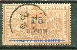 Mauritius # 114 Surcharge: 15c on 36c 1899 (1) VF Used