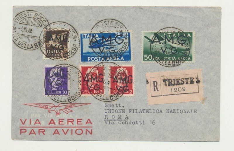 AMG VG TRIESTE ITALY, REG COVER TRIESTE TO ROME, AIRMAIL, GOOD RATING 
