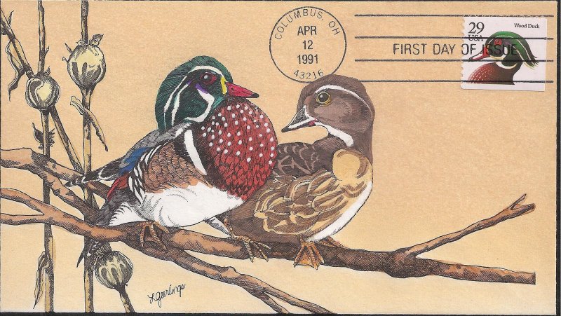 Linda Geerlings Hand Painted FDC for the 29-cent 1991 Black Text Wood Duck Stamp