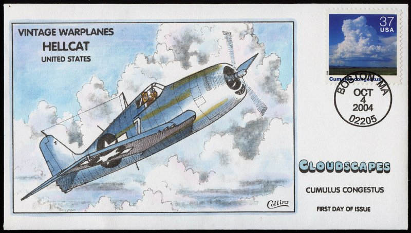 Collins Handpainted FDC Cloudscapes/Warplanes: U.S. Hellcat (10/4/2004)