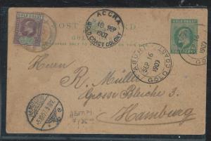 GOLD COAST (P3006B) 1907 KE 1/2D PSC UPRATED 1/2D ABURI TO GERMANY