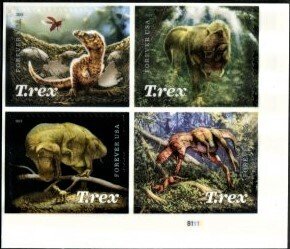 U.S.#5413a T. Rex 55c FE Plate Block of 4, MNH. Small missing back paper at edge