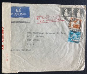 1941 Tel Aviv Palestine Censored Airmail Cover To Broadway NY Usa Via Pacific