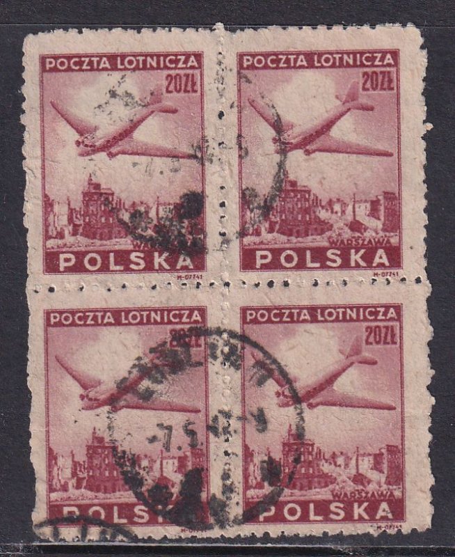Poland 1946 Sc C16 Douglas Plane Warsaw Ruins Block of 4 CDS Stamp Used