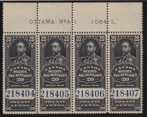 Canada VD #FWM63 (1930) 20c King George V Weights & Measures Revenue Plate Block 