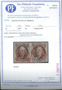 U.S. #1b USED PAIR WITH PF CERT RED GRID CANCELS