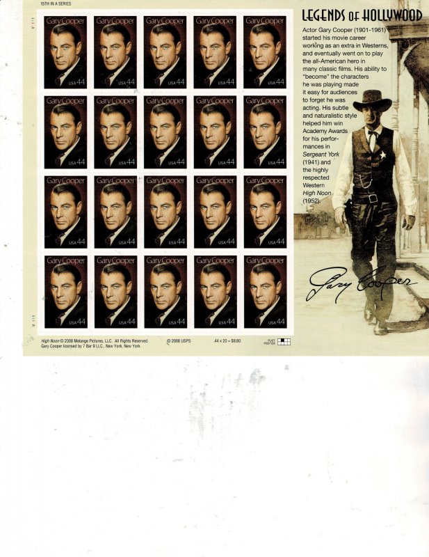 Gary Cooper Actor 44c US Postage Sheet #4421 VF MNH