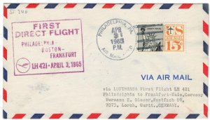 United States 1965 Cover Stamps First Flight Philadelphia Fran Germany Lufthansa