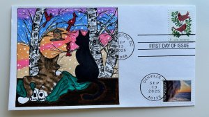 2025 Holiday Cheer FDC Winter Landscapes Hand Drawn Cachet Both Cats Cardinals