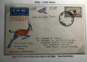 1931 Juba Sudan Airmail First Flight Cover FFC To Capetown South Africa Xmas