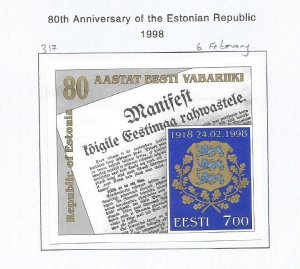 ESTONIA - 1998 - Estonian Republic - Perf Single Stamp - Mint Lightly Hinged