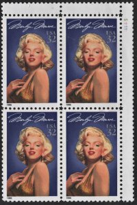 SC#2967 32¢ Legends of Hollywood: Marilyn Monroe Plate Block (1995) MNH