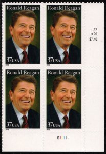 SC#3897 37¢ Ronald Reagan Plate Block: LR #S1111 (2005) SA