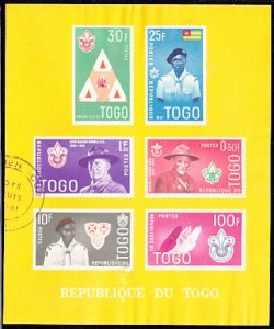 Togo 1961 used Sc #406 Scouting Imperf Sheet of 6 Yellow background, no simul...