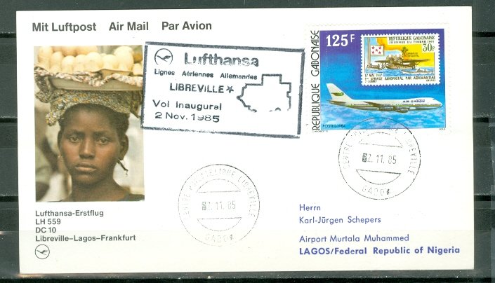 GABON 1985  1st FLIGHT AIR MAIL COVER to LAGOS #553...VERY NICE