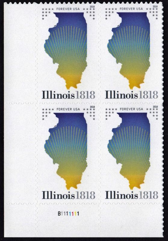SC#5274 (50¢) Illinois Statehood Plate Block: LL #B1111111 (2018) SA