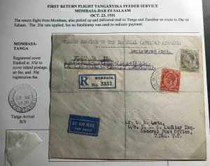 1931 Mombasa Kenya First Return Flight Airmail Cover FFC To Tanga Tanganyika