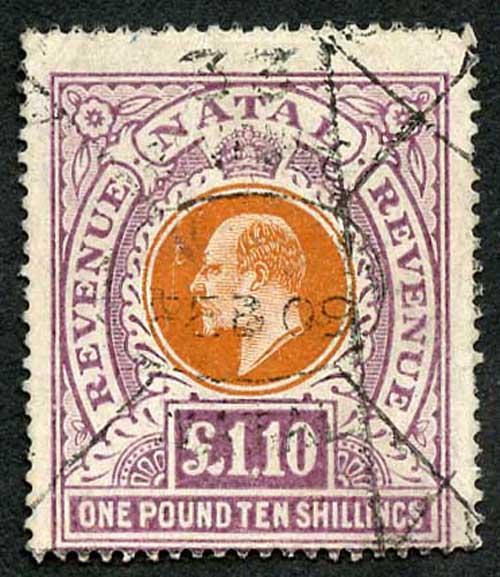 Natal SG143 1 pound 10/- wmk Mult CA Fiscal Cancel Cat 4750 if Postal used