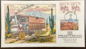 2451 Collins Hand Painted cachet Steam Carriage Transportation Coils FDC 1991