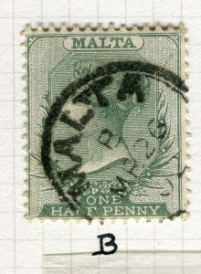 MALTA; 1885 classic QV Crown CA issue used Shade of 1/2d. value Postmark B