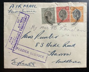 1933 Tanga Tanganyika British KUT Feeder Flight Airmail Cover To Harrow England