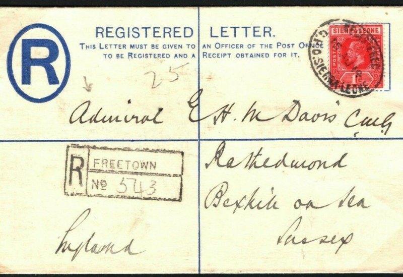 SIERRA LEONE WW1 Cover Freetown Registered GB Sussex Address. ADMIRAL 1914 SA.11