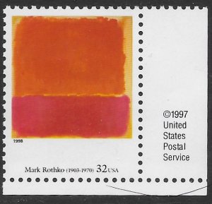 US #3236t MNH corner stamp. Mark Rothko painting. 1997  Very nice.