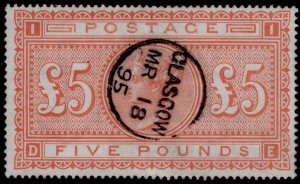 GB QV SG137, SCARCE £5 orange, VERY FINE USED. Cat £3500. CDS DE