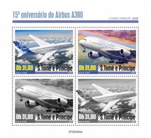 Sao Tome & Principe Aviation Stamps 2020 MNH Airbus A380 Aircraft 4v M/S