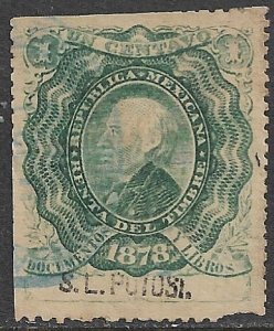 MEXICO 1878 1c Green Hidalgo Documentary Revenue S.L. POTOSI Control DO39 Used