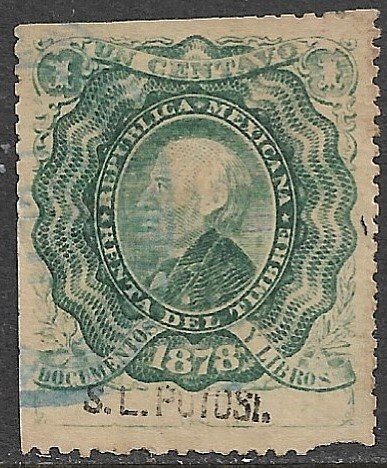 MEXICO 1878 1c Green Hidalgo Documentary Revenue S.L. POTOSI Control DO39 Used