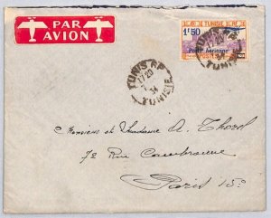 France Cols TUNISIA Air Mail *RED EMBOSSED LABEL* Cover Tunis 1934 Paris YZ51