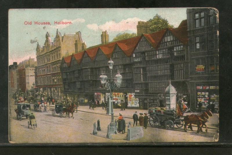 Great Britain 1910 Old Houses Holburn London View Post Card Used to India # 1...