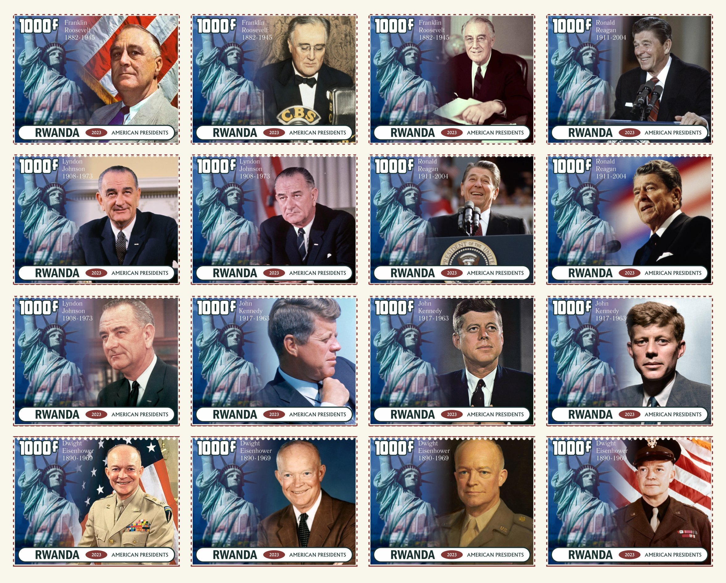 Stamps. Presidents of USA Franklin Roosevelt 2024 year 16 stamps ...