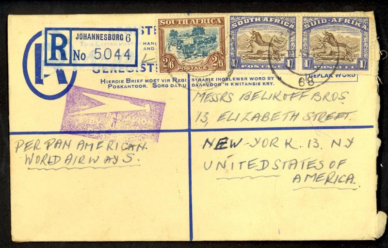 SOUTH AFRICA 1949 4d REGISTERED Envelope Uprated by 1sh PAIR GNU Sc 43c COVER