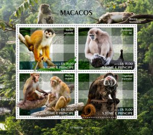 Sao Tome & Principe 2019 MNH Wild Animals Stamps Squirrel Monkeys Gibbons 4v M/S