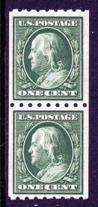 U.S. Scott 390 1 Cent Franklin VF Unused Vertical Coil Pair