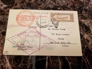 1930 USA Graf Zeppelin Postcard cover Around the World to NY # C14 Woman Filmer