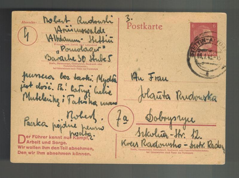 1945 Stettin Germany Arbeitslager Slave Labor Camp Postcard Cover to Poland