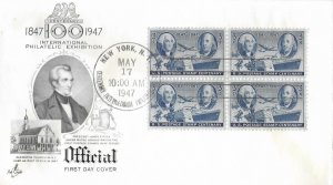 1947 FDC, #947, 3c Stamp Centenary, Art Craft M-24, block of 4, show cancel