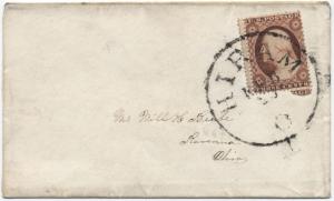 3 cent 1857 cover HIram Ohio double perforations at left! [1289]