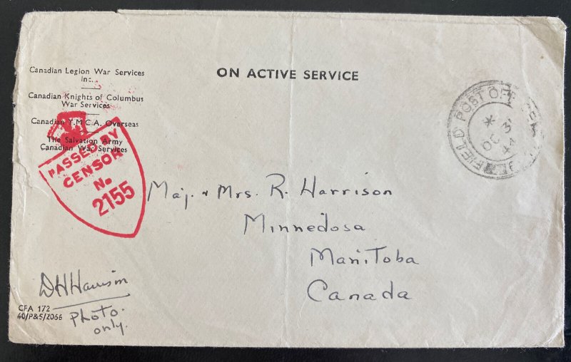 1944 Canadian Army Overseas Field Post Cover To Manitoba Canada D Harrison 