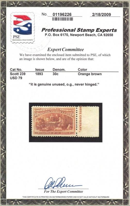 239 VF+ mint never hinged PSE certificate with nice color cv $ 750 ! see pic !