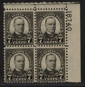 Cottonfield Stamps: U.S. 676  7c Nebraska O.P.  Plate Block M, og, LH (cv$325.)