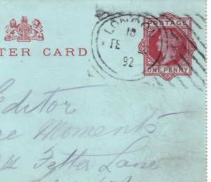 GB *HOSTER* MACHINE TRIAL Postal Stationery QV 1d Letter Card 1892 London KA564