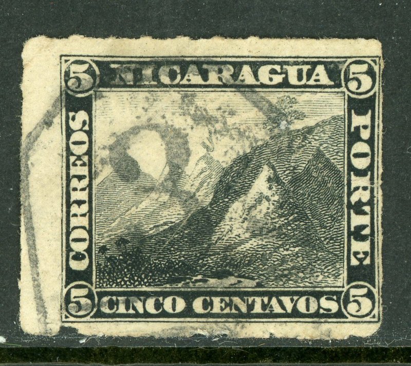 Nicaragua 1877 5¢ Black Momotombo Roulette w/Granada Cancel L217